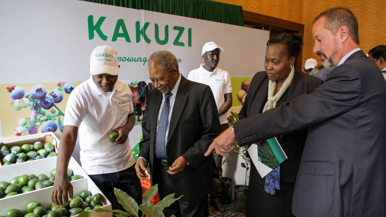 Kakuzi Assistant Manager Extension Services Laban Mwaura, Chairman Nick Ng'ang'a, Director Pamella Ager and MD Chris Flowers at 95th AGM. PHOTO/COURTESY